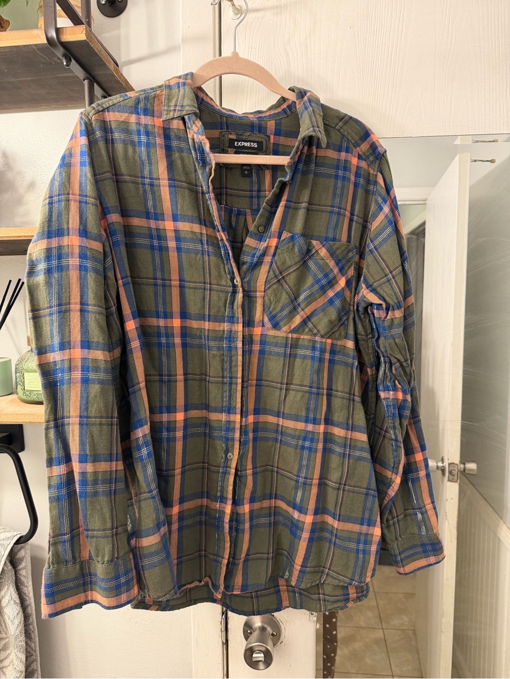 Express Olive Plaid Button-Down Shirt with Blue and Peach Accents